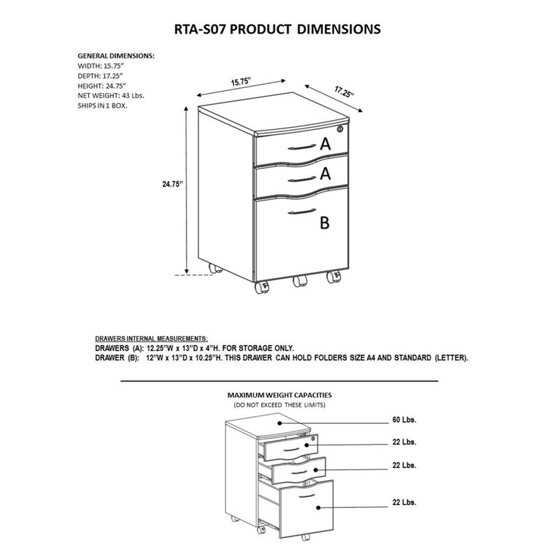 Techni Mobili Rolling Storage 3 Drawer Vertical Filing Cabinet