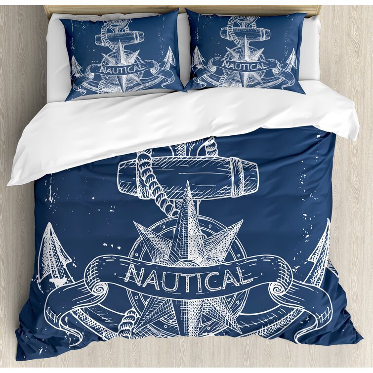 Nautical Knot Compass Anchor Pattern Sea World Ocean Life Grunge Illustration Ambesonne Marine Duvet Cover Set Blue White Decorative 2 Piece Bedding Set with 1 Pillow Sham Twin Size 