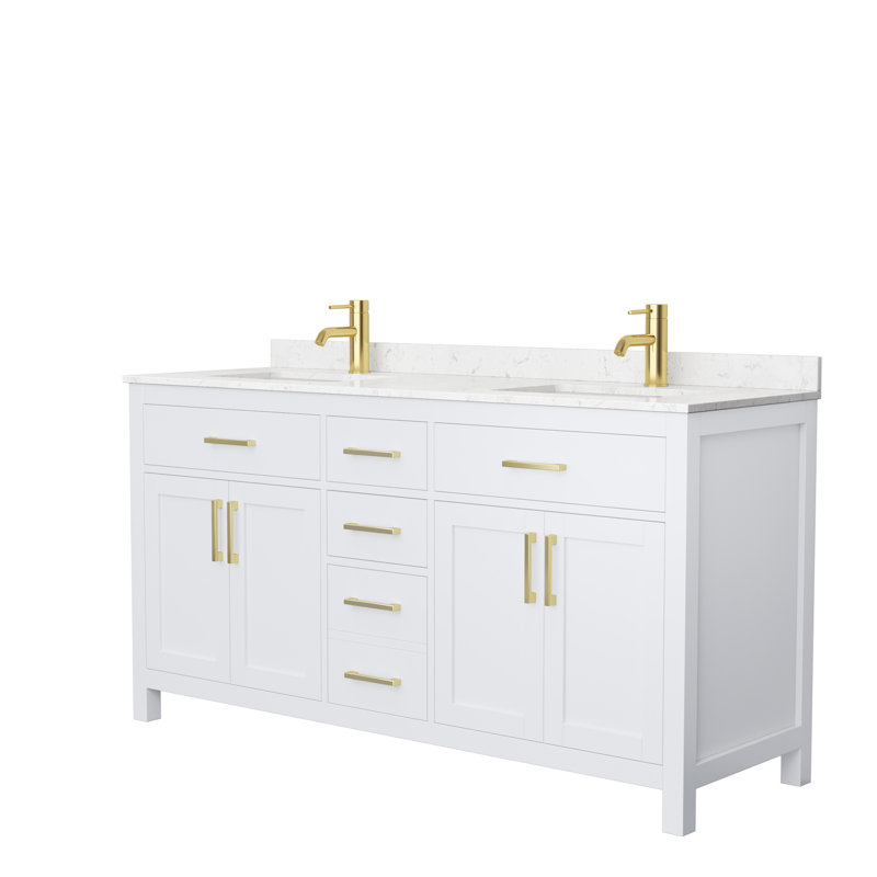 Beckett 66" Freestanding Double Bathroom Vanity with Cultured Marble Top Hardware Finish: Brushed Gold, Base Finish: White, Top Finish: Carrara Cultured Marble