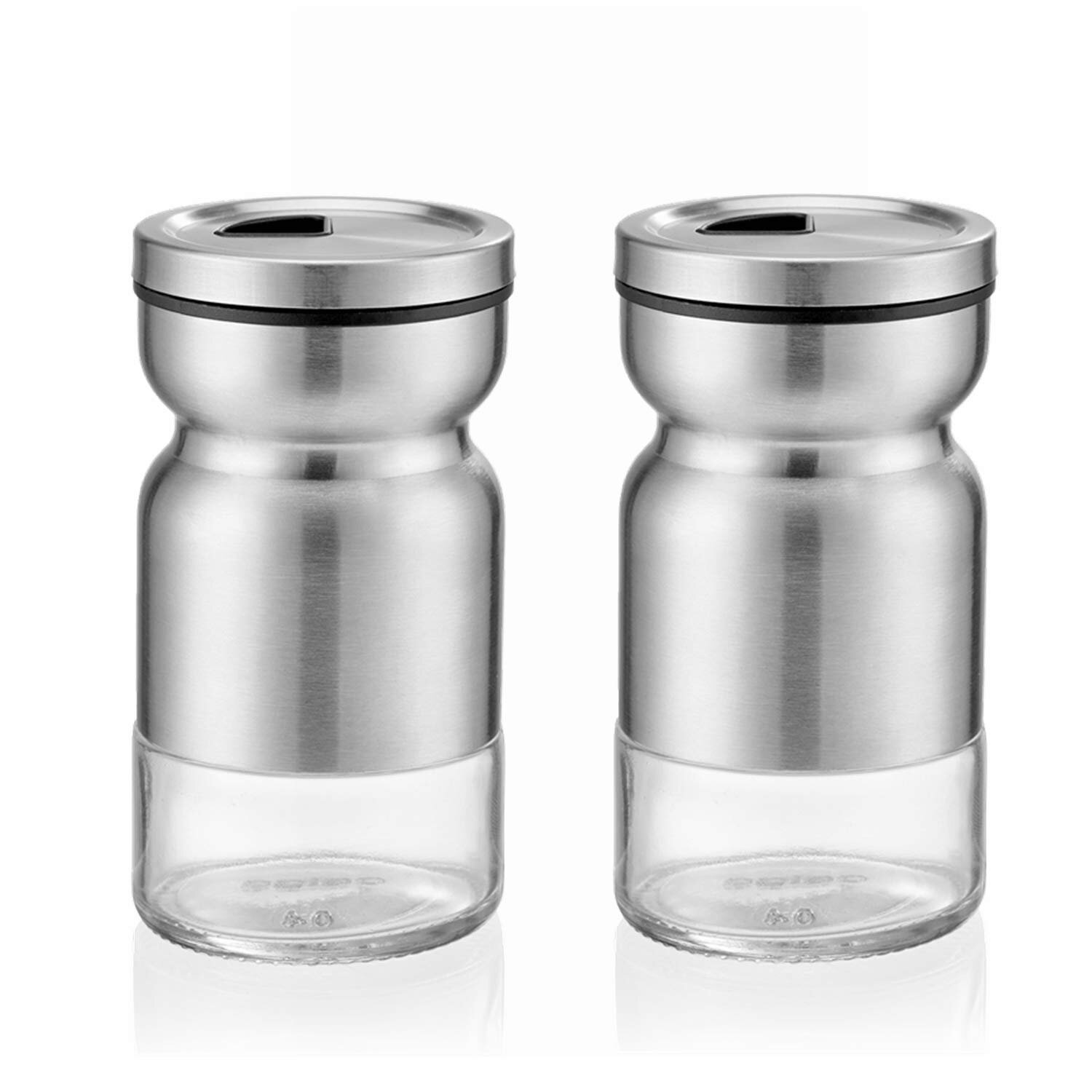 Set of 2 Glass Bottom Salt & Pepper Shakers Adjustable Pour Holes Square Shape 