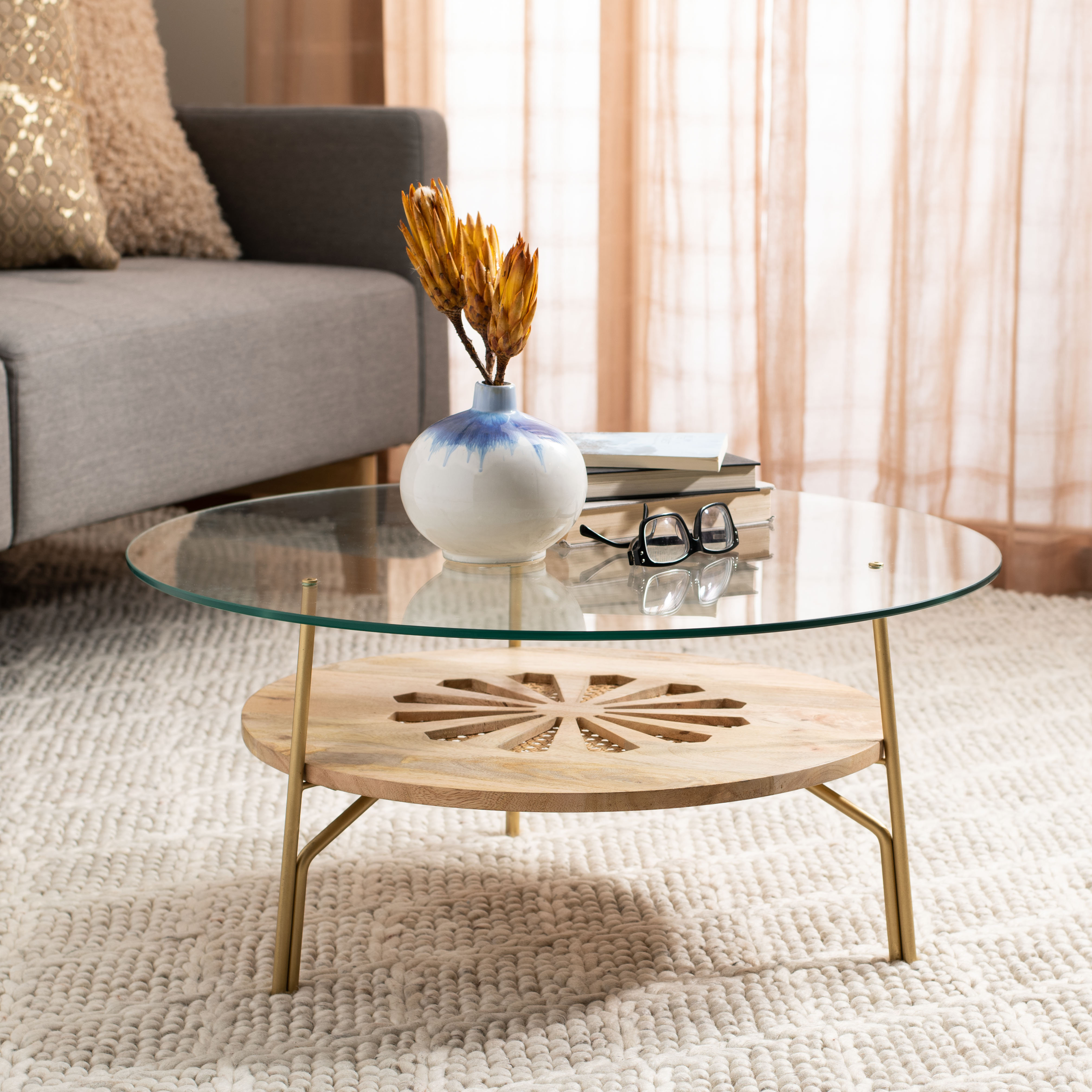 glass round coffee table with storage