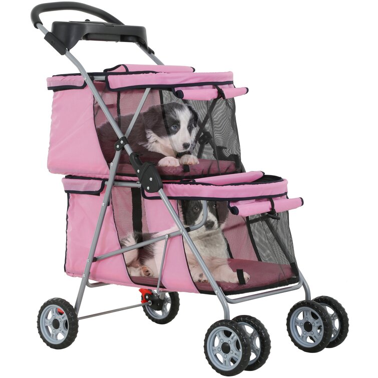 4 Wheels Pet Stroller Cat Dog Cage Stroller Travel Folding Carrier Black 