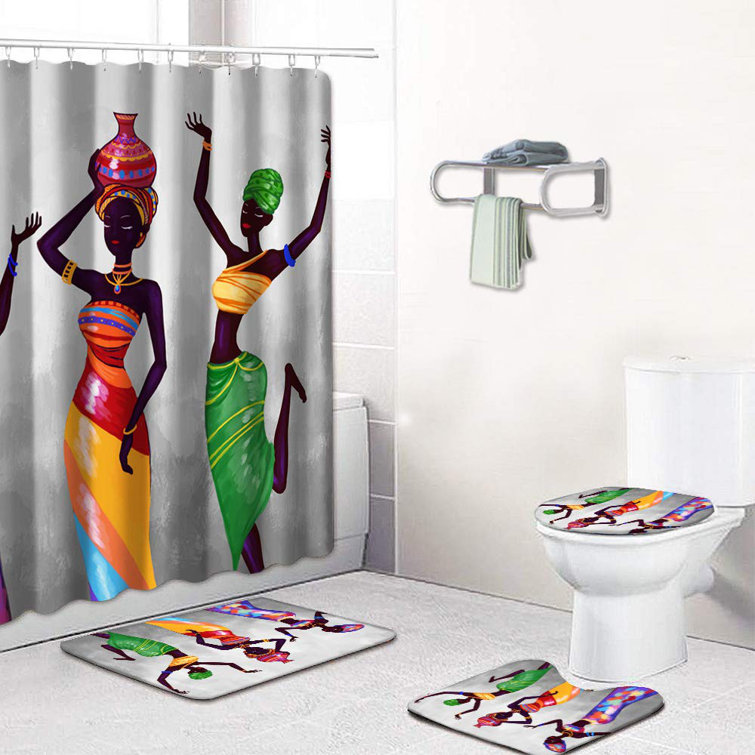 African Woman Bathroom Rug Set Shower Curtain Non Slip Toilet Lid Cover Bath Mat 