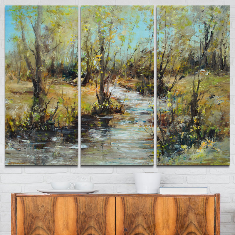 Designart Creek And Woods Oil Painting 3 Piece Painting Print On Wrapped Canvas Set Wayfair