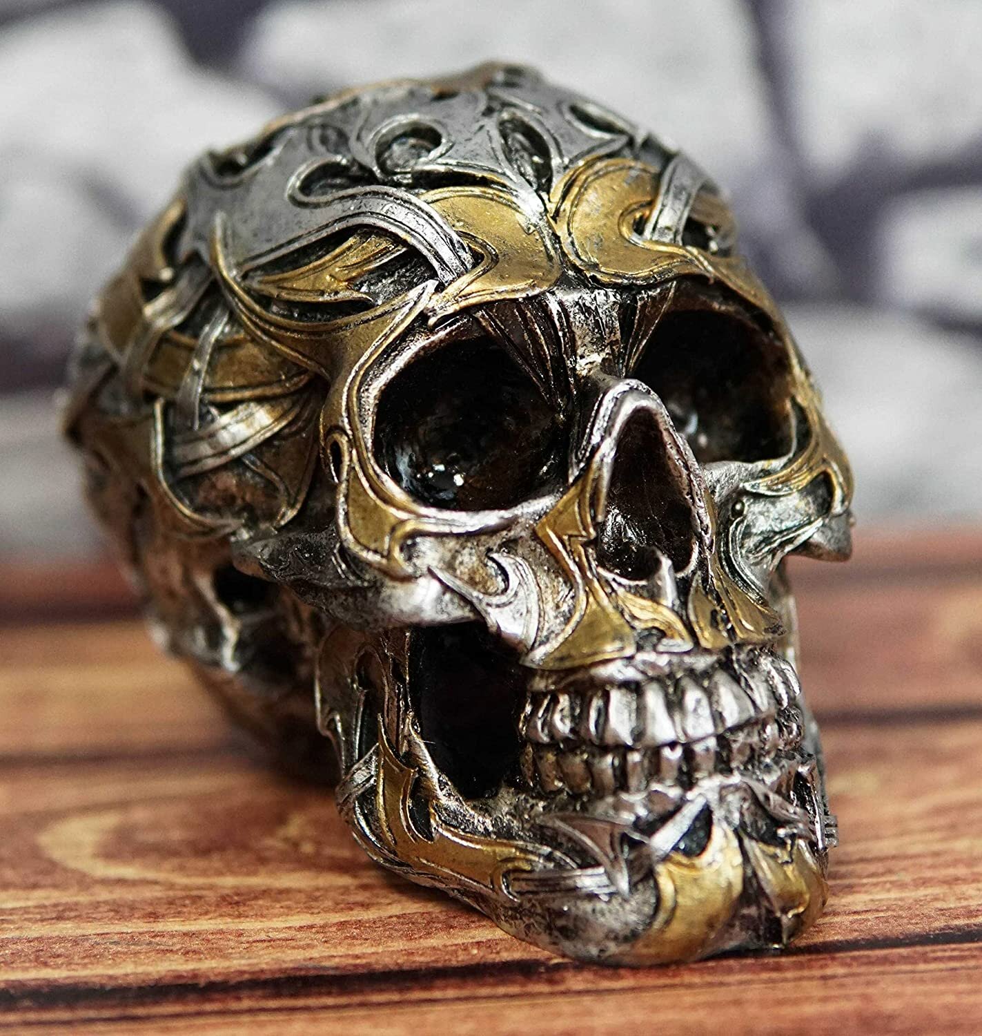Ebros Goth Cryptic Maori Ultron Silver and Gold Tattoo Lace Skull Statue 5.5 Long As Halloween Macabre Ossuary Decor Skeleton Cranium Day of The Dead Gothic Accessory Accent Figurine