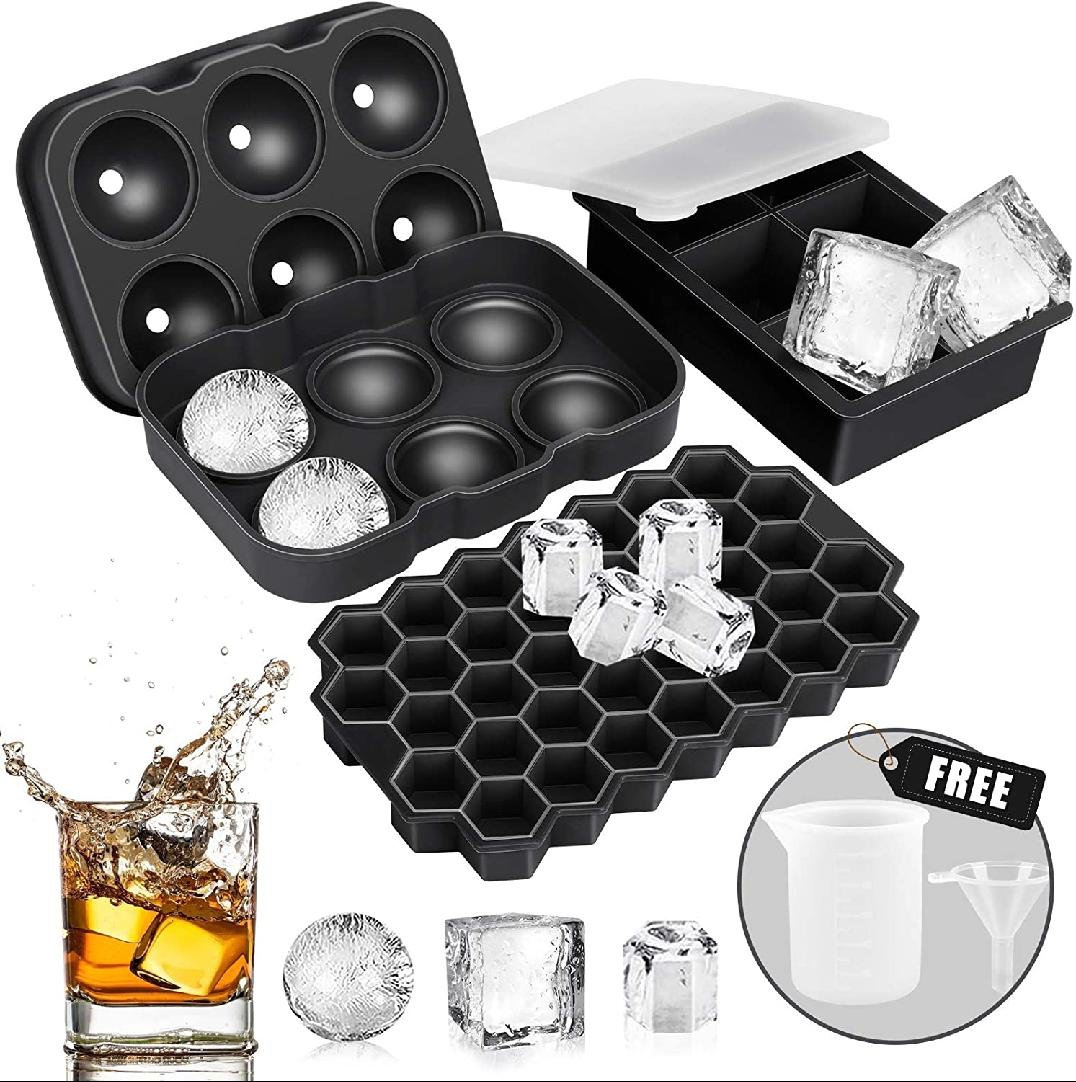 Round 6 Ice Cube Ball Tray Silicone Sphere Mold Bar Whiskey Cocktails w Funnel