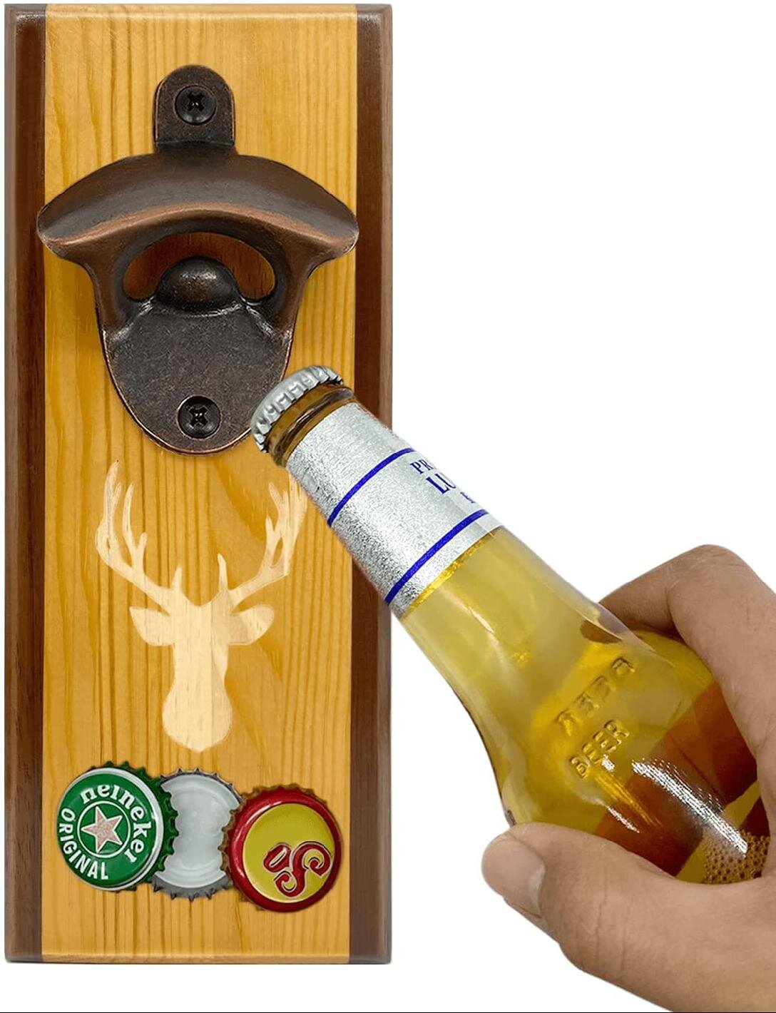 Wall Mounted Bottle Opener with Cap Catcher Vintage Wooden Beer Bottle Opener Easy to Install for Men and Beer Lovers Bar Kitchen Best Gift for Father and Friend