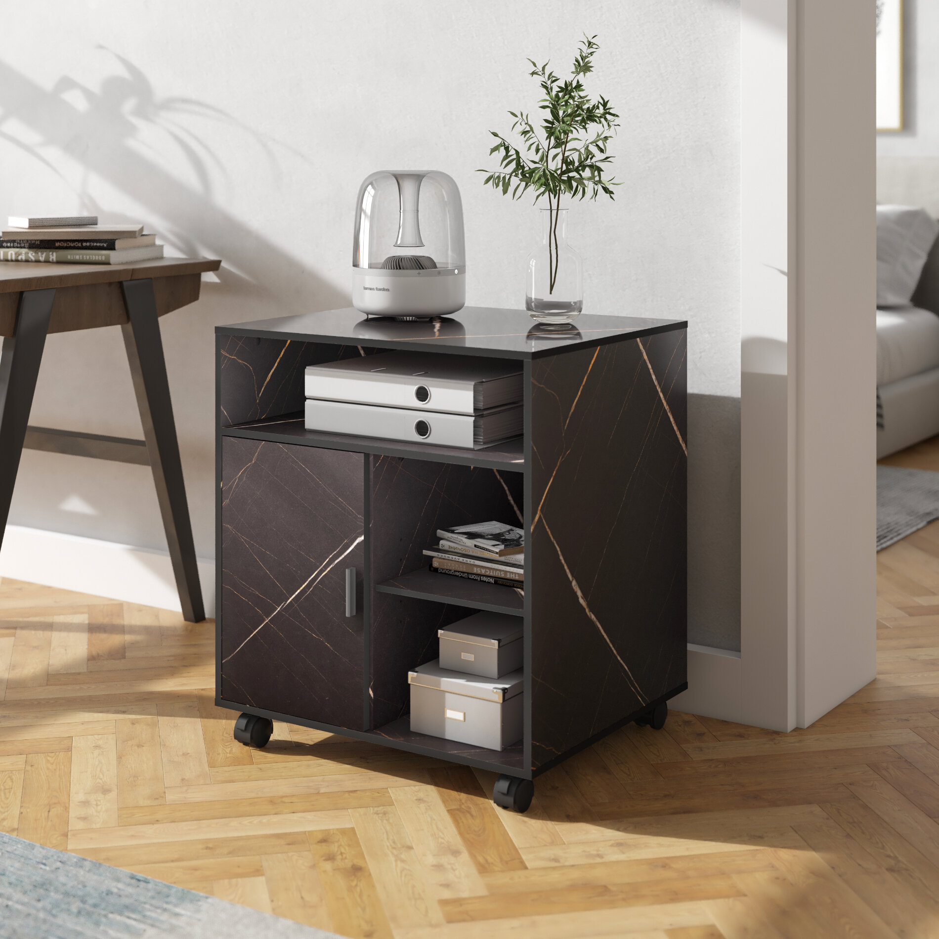 Black Wood Printer Stand With Adjustable Storage Black Wood Work Cart On Wheels 