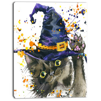 Designart Halloween Cat And Witch Hat Painting Print On Wrapped