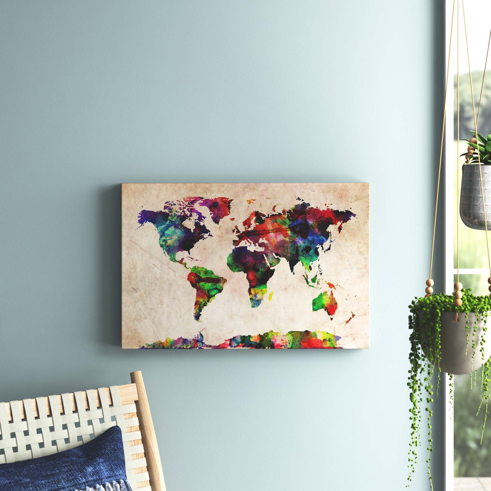 Urban Watercolor World Map Mistana™ 'Urban Watercolor World Map' Framed on Beige Canvas 