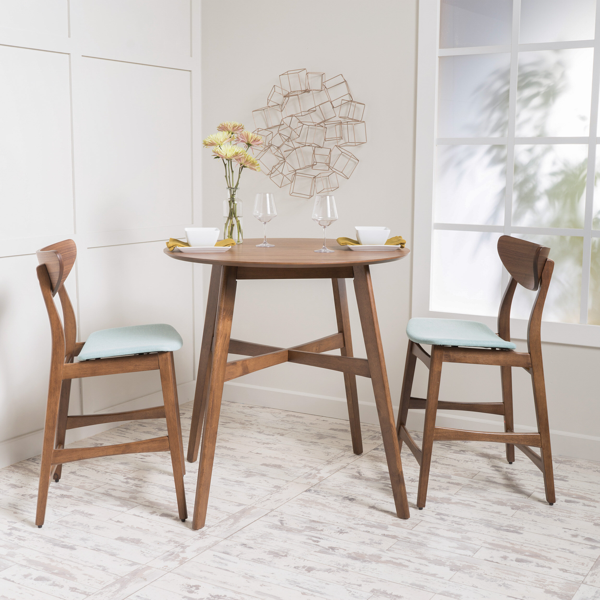 3 Piece Pub Table Set Bar Stool Counter Height Bistro Kitchen Dining Chair Round 