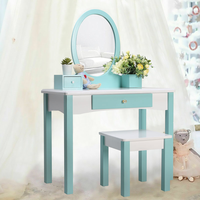 Harriet Bee Carabella Little Princess Solid Wood Vanity Set With Stool And Mirror Wayfair