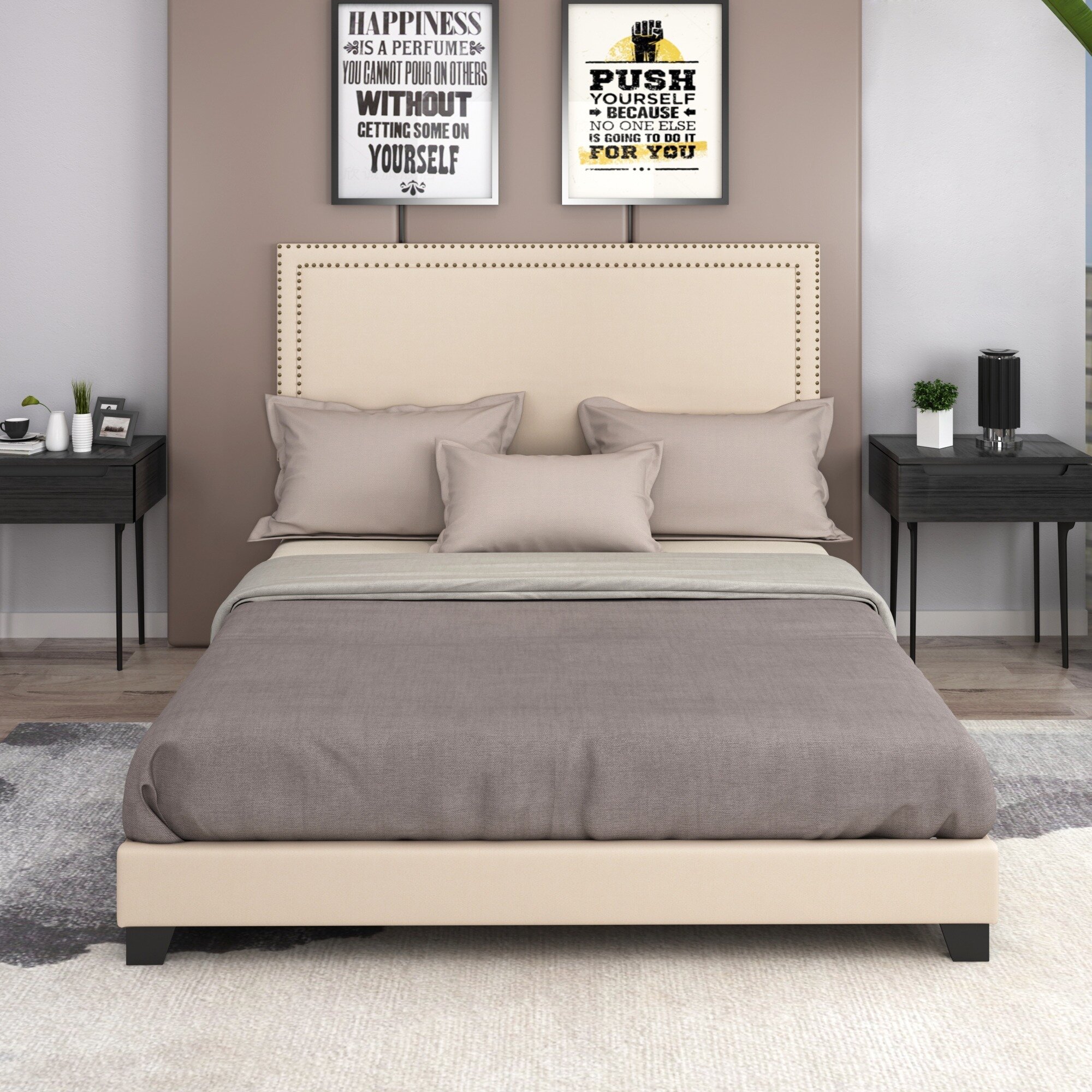 Details about   Beige Queen Size Bed Frame Upholstered Platform Bed Wooden Bed w/Nailhead Detail 