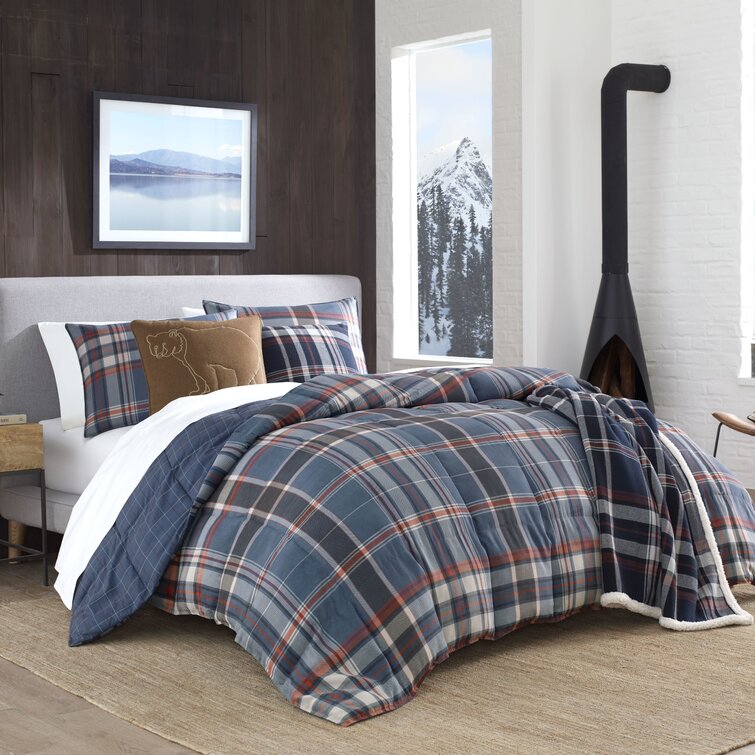 6 pc Comforter & Quilt Set Reversible Red Navy & Beige Plaid Queen King 