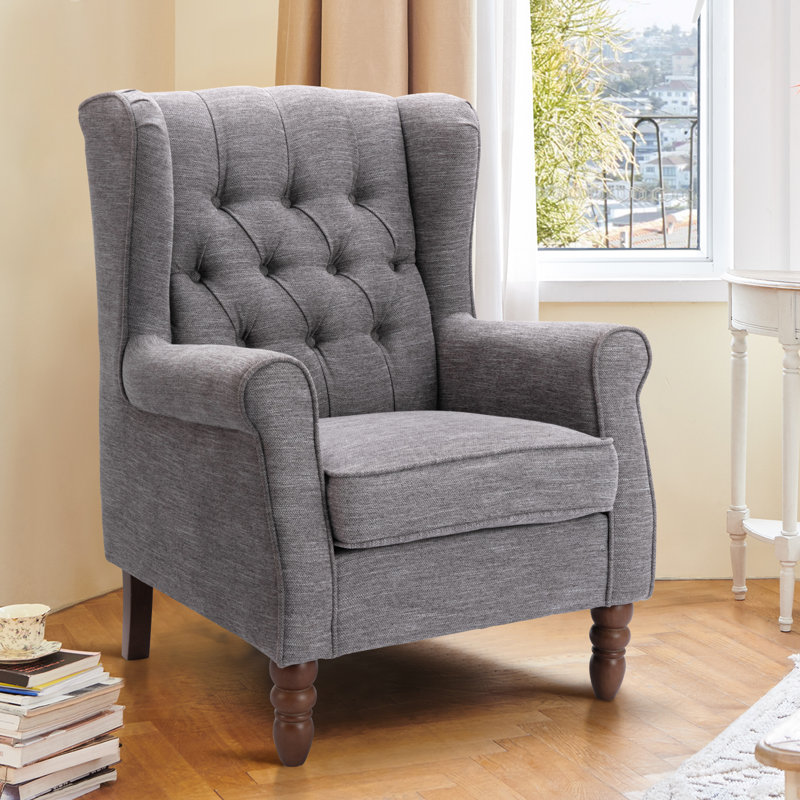 Button-Tufted Small Wingback Accent Chair with Rolled Arm and Thick Padded Cushion Fabric: Gray Polyester