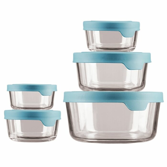 Anchor Hocking TrueSeal 5-Pieces Round Glass Food Storage Set with Mineral Blue Lids