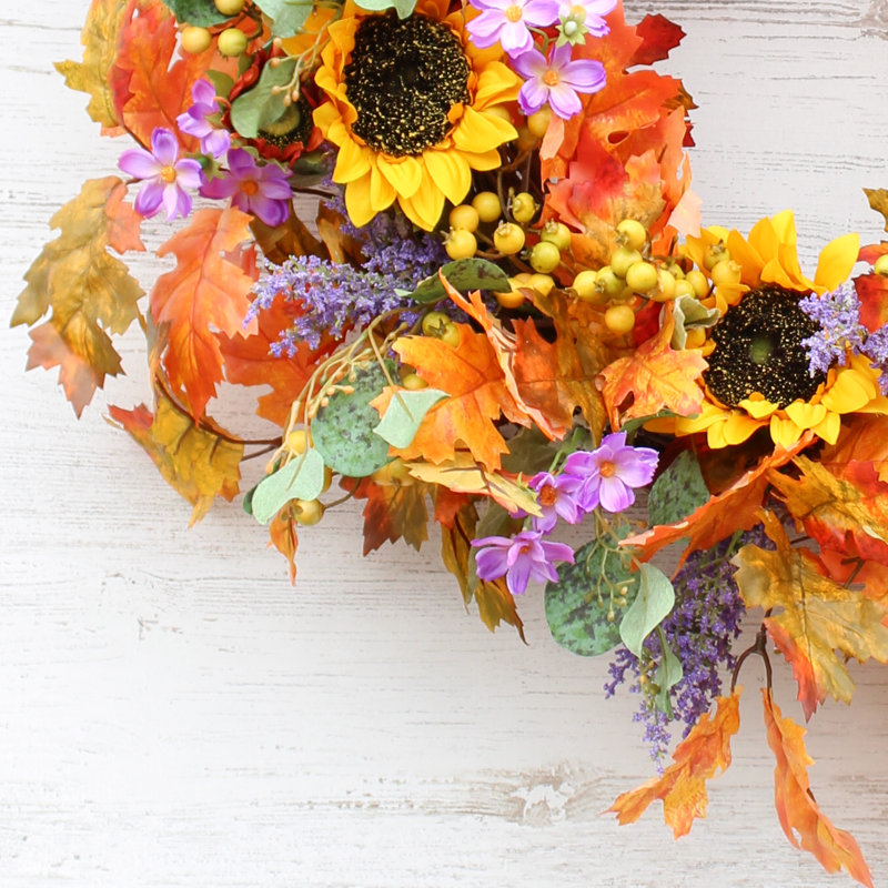 Rosalind Wheeler Oak Leaf And Acorn Sunflower Cosmos Fall Floral Silk Wreath Wayfair