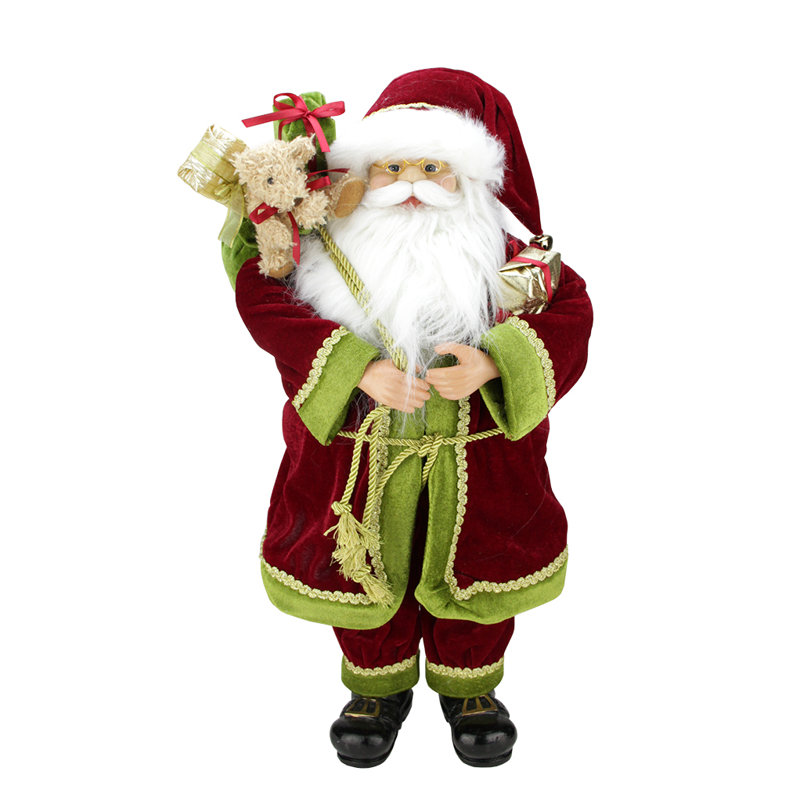 Bag of Gifts 12 Tree Top Santa Claus Vintage Old Saint Nick Christmas Tree Topper Jingle Bells Red /& Green Velvet with Faux Fur Coat