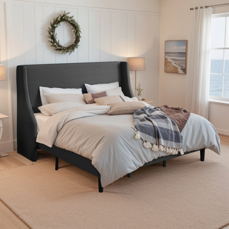 (Couple pieces missing) Bowdoin Modern Linen Upholstered Wingback Platform Bed with Wooden Slats Size: King, Color: Light Gray