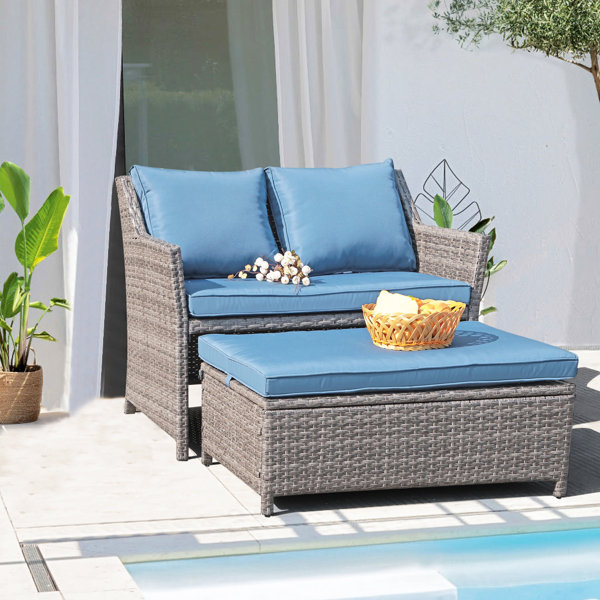 Details about   Yard Outdoor Wicker Loveseat Chat Chair with Glass Table and Waterproof Cushion 