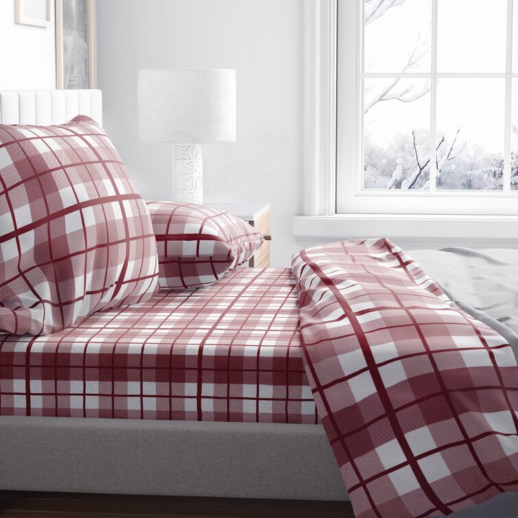 Plaid Red Design Warm Cozy King Size Cotton Flannel 4 Piece Bed Sheet Set 