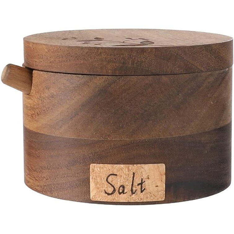 Zhongshanginter Acacia Wood Salt Cellar With Lid With Spoon Salt Box With Spoon Salt And Pepper Bowl Enhanced Swiveling Lid With 3 Strong Magnetics Size 3 5dia X 2 5h Inch 1pc Leaf Pattern