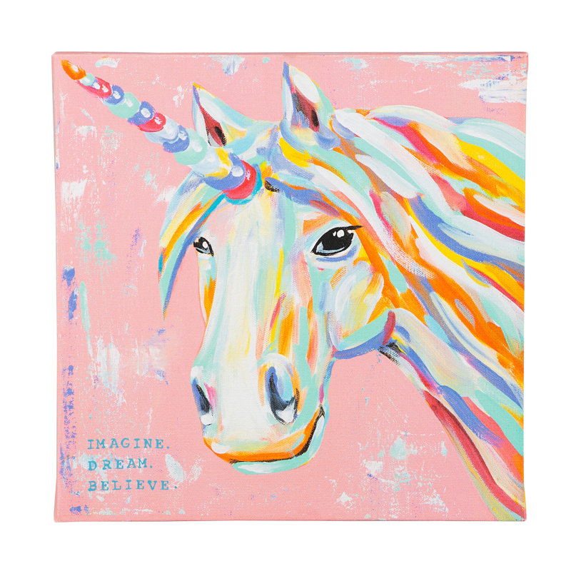 Zoomie Kids Imagine Dream Believe Unicorn Acrylic Painting Print