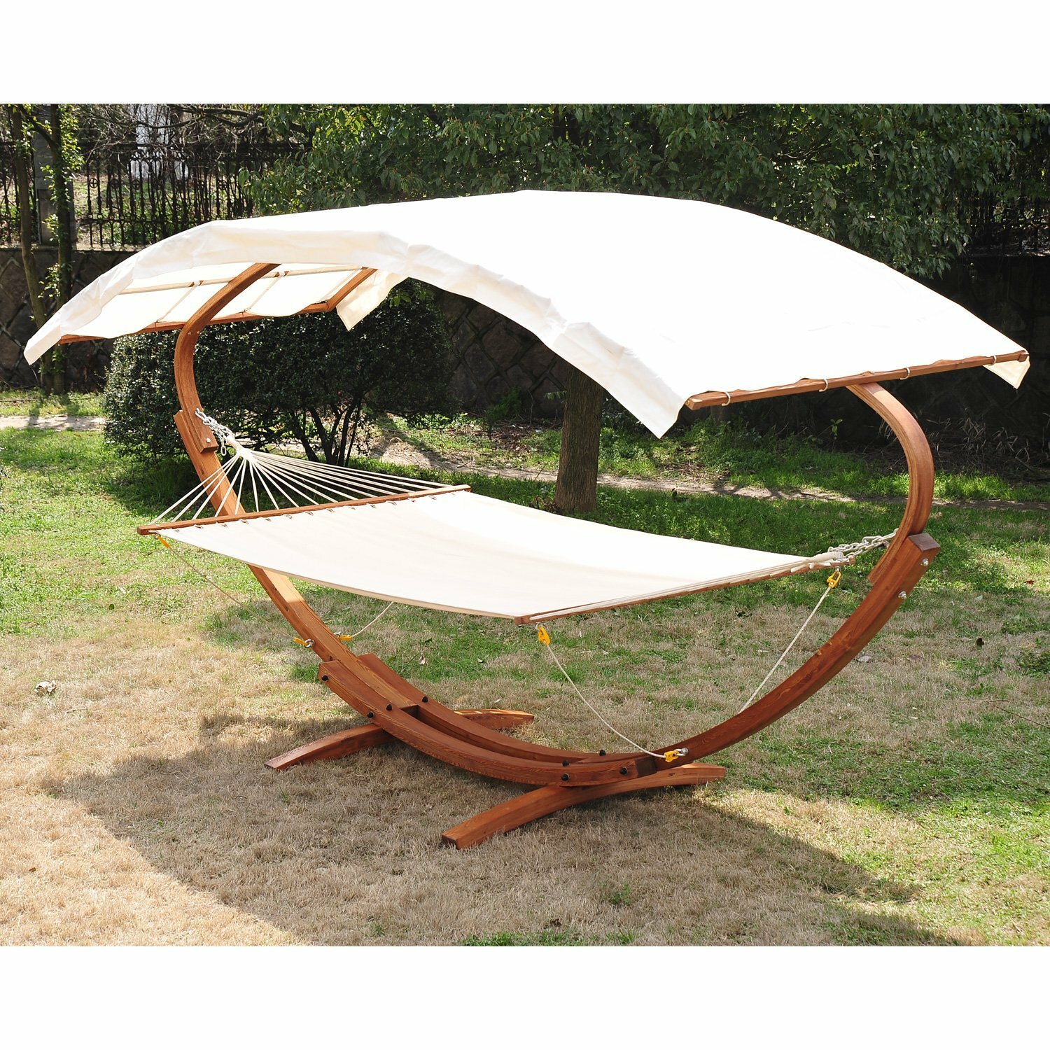 Outsunny Double Patio Deck Hammock w/Wood Stand and Canopy Outdoor Two Person Extra Wide Sun Bed Backyard Garden Canopied Hanging Lounge Seat