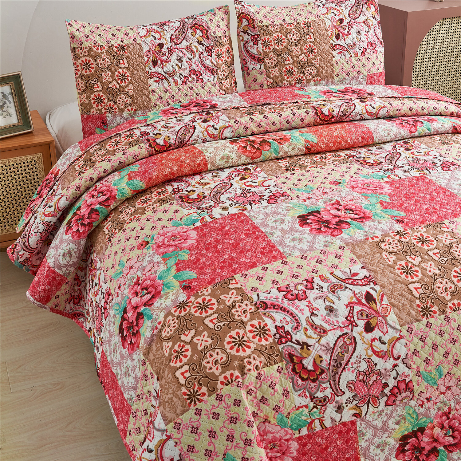 Bedspread 3 Piece Pink Patchwork Comforter Bed throw Bed Vintage Quilt Set 
