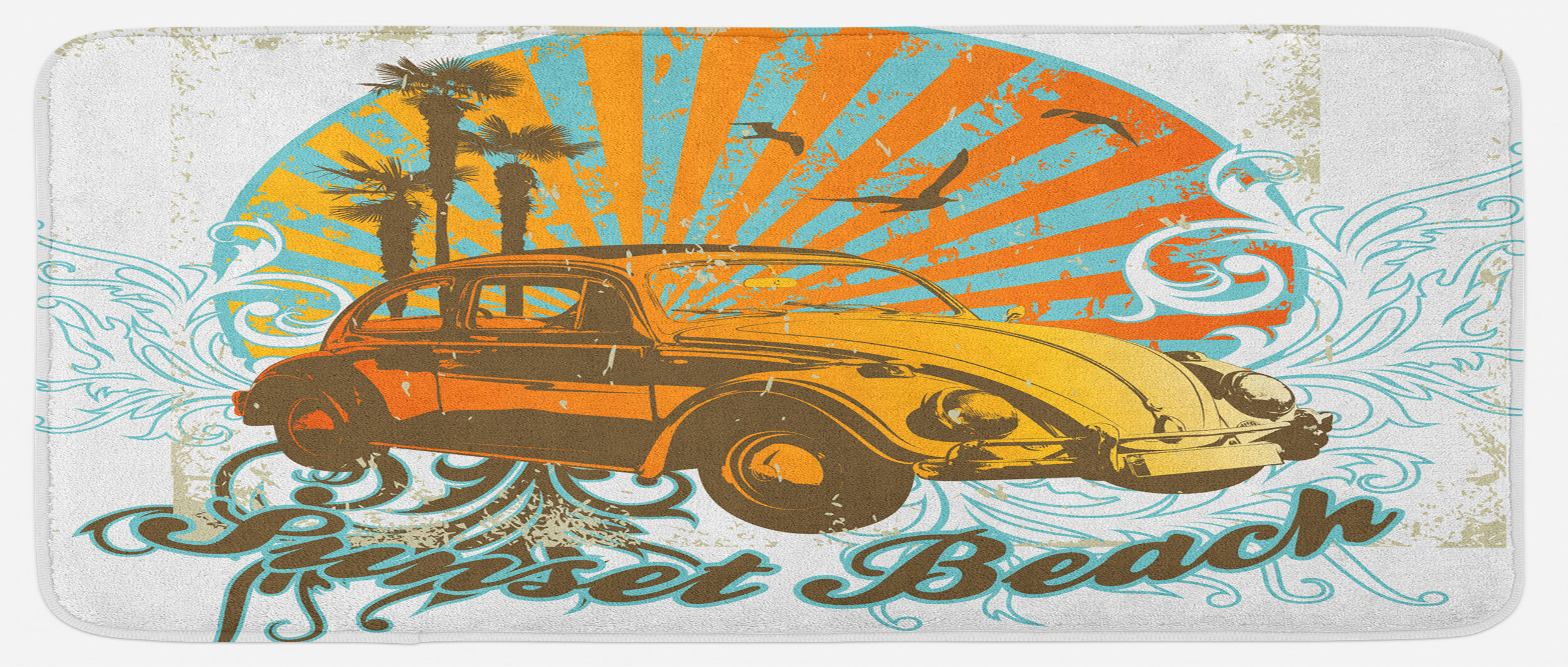 East Urban Home Summer Inspired Drawing With Retro Car Palm Trees Sunset Beach And Sun Rays Amber Orange Aqua Kitchen Mat Wayfair