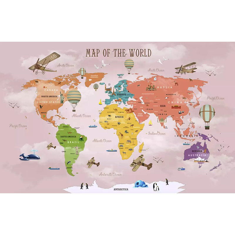 Bloomsbury Market Anandwati Colorful World Map Airplane And Hot Air Balloon Wall Mural Wayfair