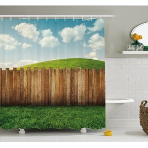 Farm House Wooden Garden Fence on Grassland Pastoral Environment with Cloudy Sky Shower Curtain Set