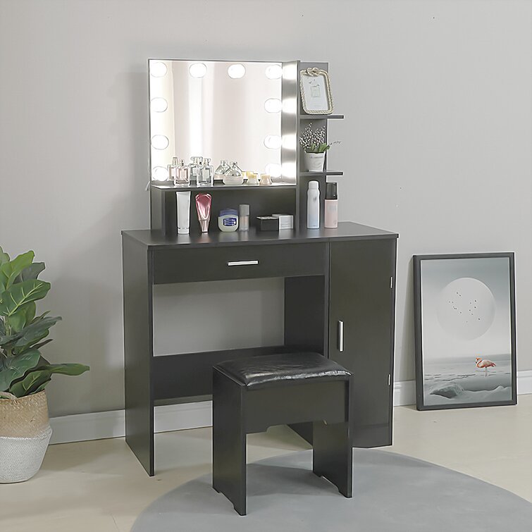 Vanity Set With Lighted Mirror Cushioned Stool Dressing Table Makeup Table 