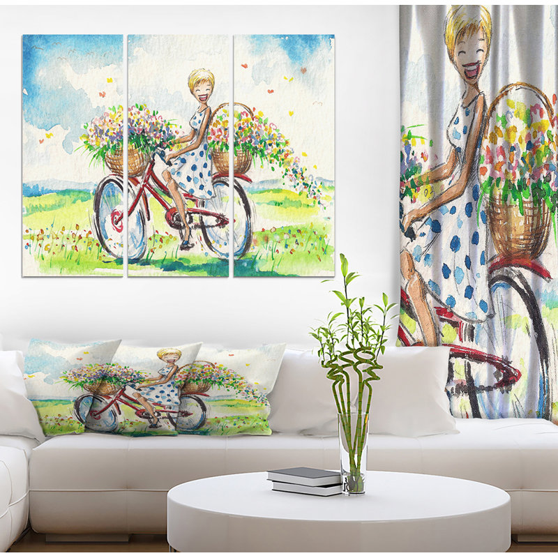 East Urban Home Woman On Bicycle Oil Painting Print Multi Piece