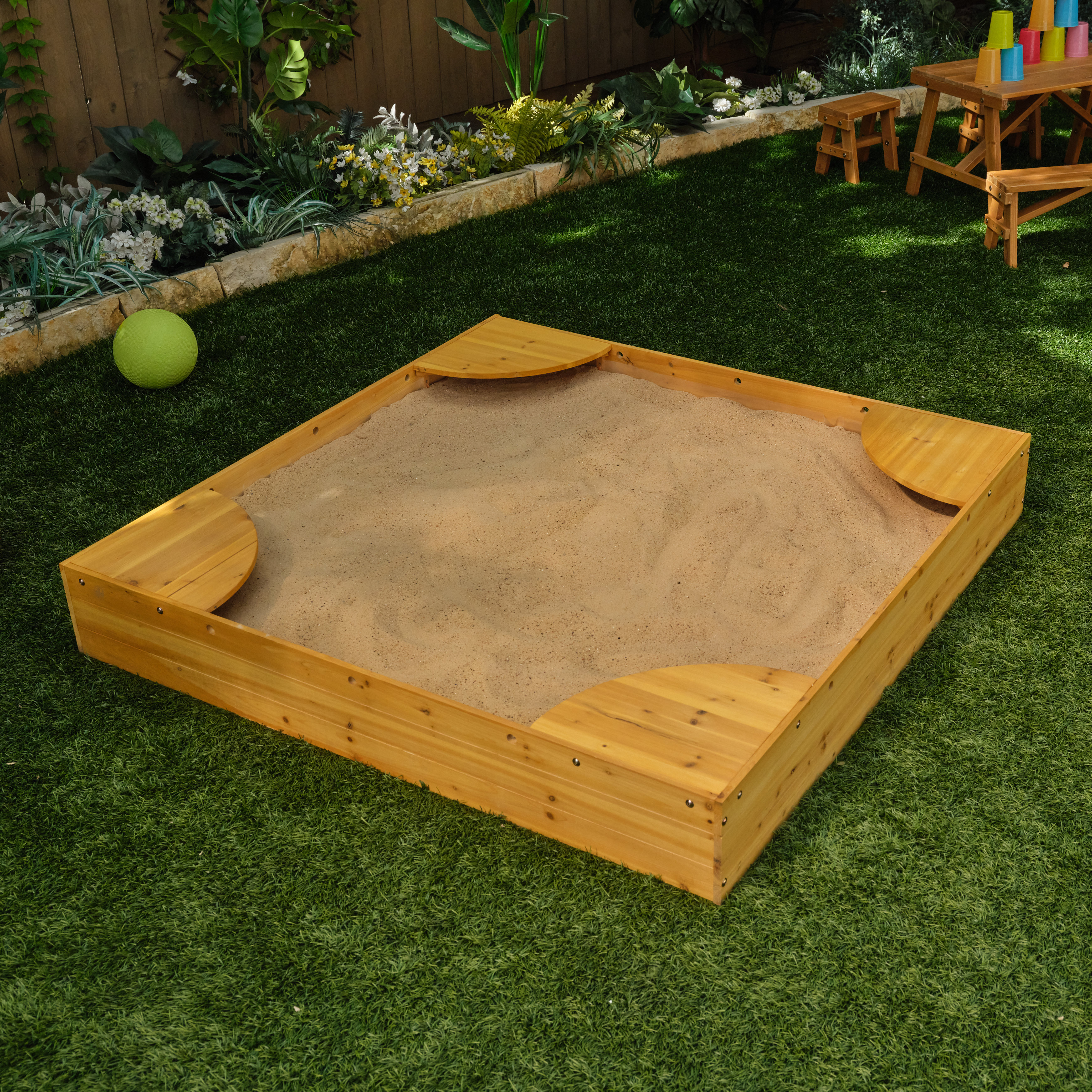 Kids Wooden Sandbox 6' x 7' Outdoor Backyard  Toys Toddler Sand Box Kit W/ Cover 