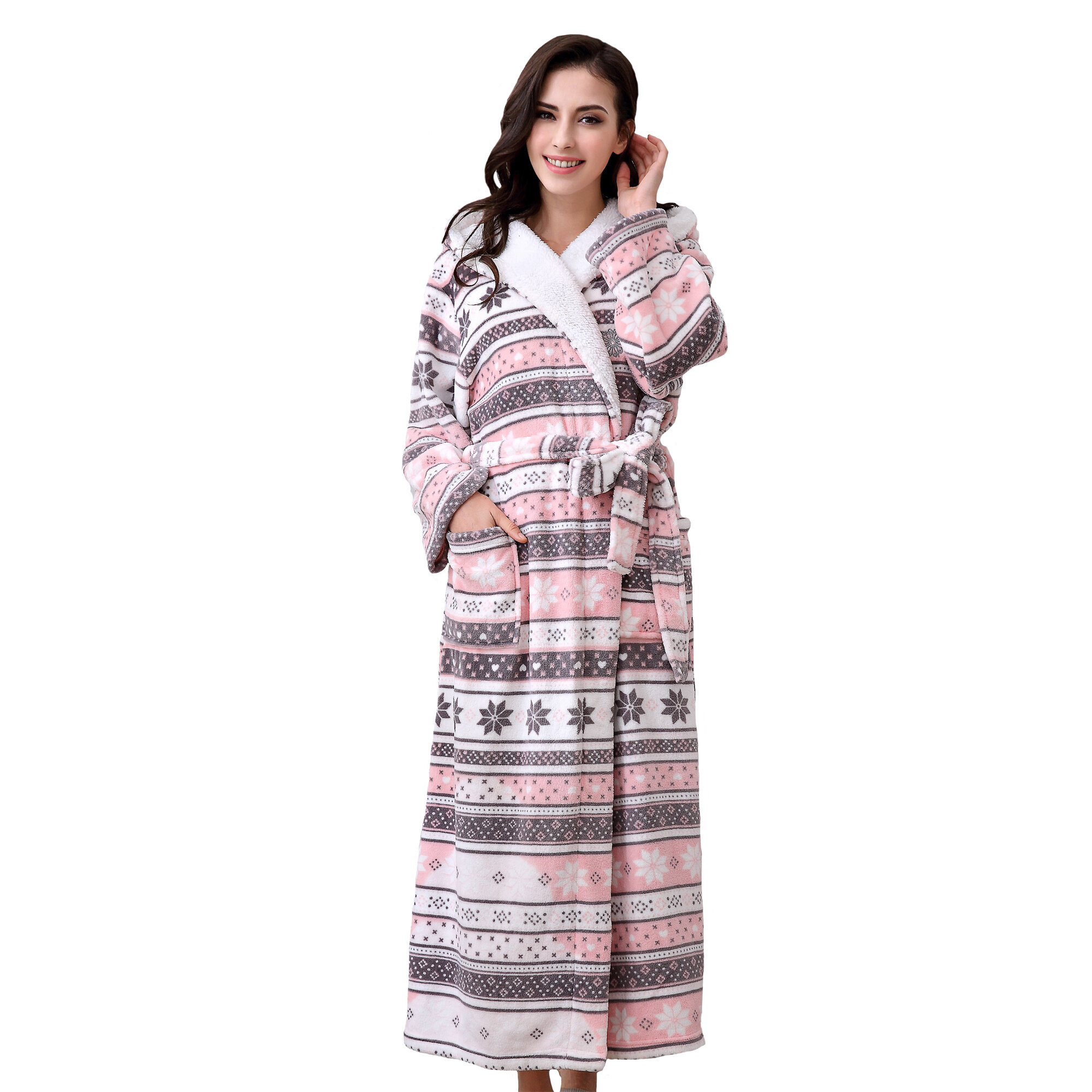 Womens Long Robe Fleece Dressing Gown Plush Bathrobe Ladies Shawl Collar Housecoat Sleepwear 