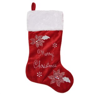 Embroidered Velveteen Poinsettia Merry Christmas Stocking with Faux Fur Cuff