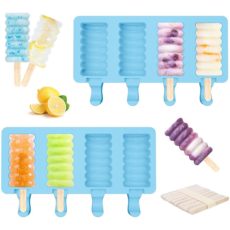 Easy Release BPA Free Molds Pink. 4 Pack Ice Cream Mold Reusable Soft Silicone Pop Maker with Lid Popsicle Sticks Silicone Popsicle Molds 