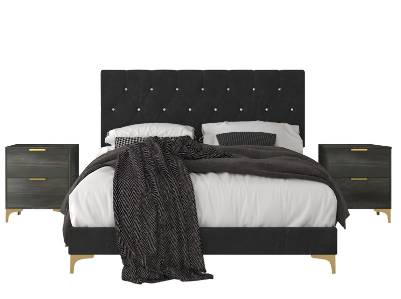 Ossabaw Upholstered Standard 3 Piece Bedroom Set Color: Black / Gray, Bed Size: Queen