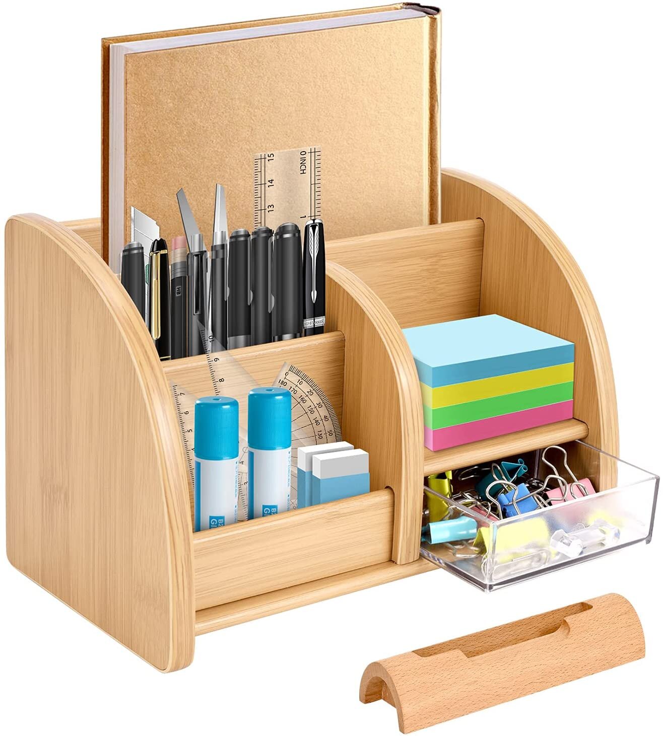 Wooden Bamboo Pen Holder Organizer Pencil Storage with 3 Compartment Caddy Box Rack Cards for Office Home School Supplies & Desktop Accessories 