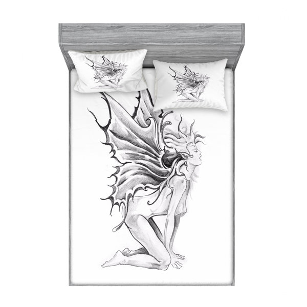 East Urban Home Pencil Drawing Nude Fairy Opening Its Angel Wings Sheet Set Wayfair