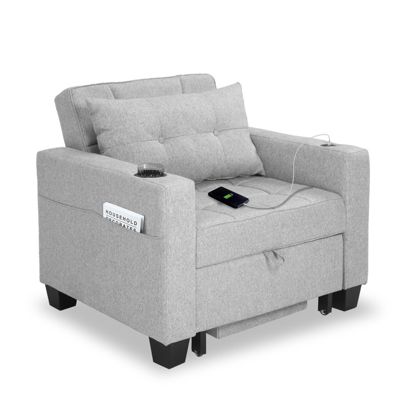 incomplete box 1 only)Latitude Run 36.6" Wide Convertible Chair 3-In-1 Pull Out Sleeper Futon Chair Beds with USB Fabric: Light Gray Linen