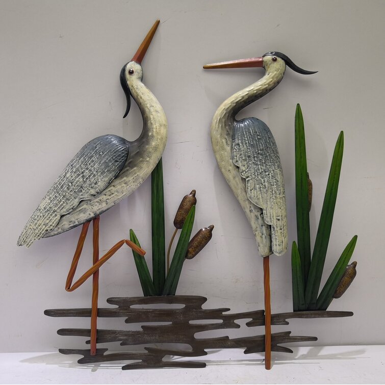 Heron Carved Wood & Metal Cattails Leaves Wall Sculpture 
