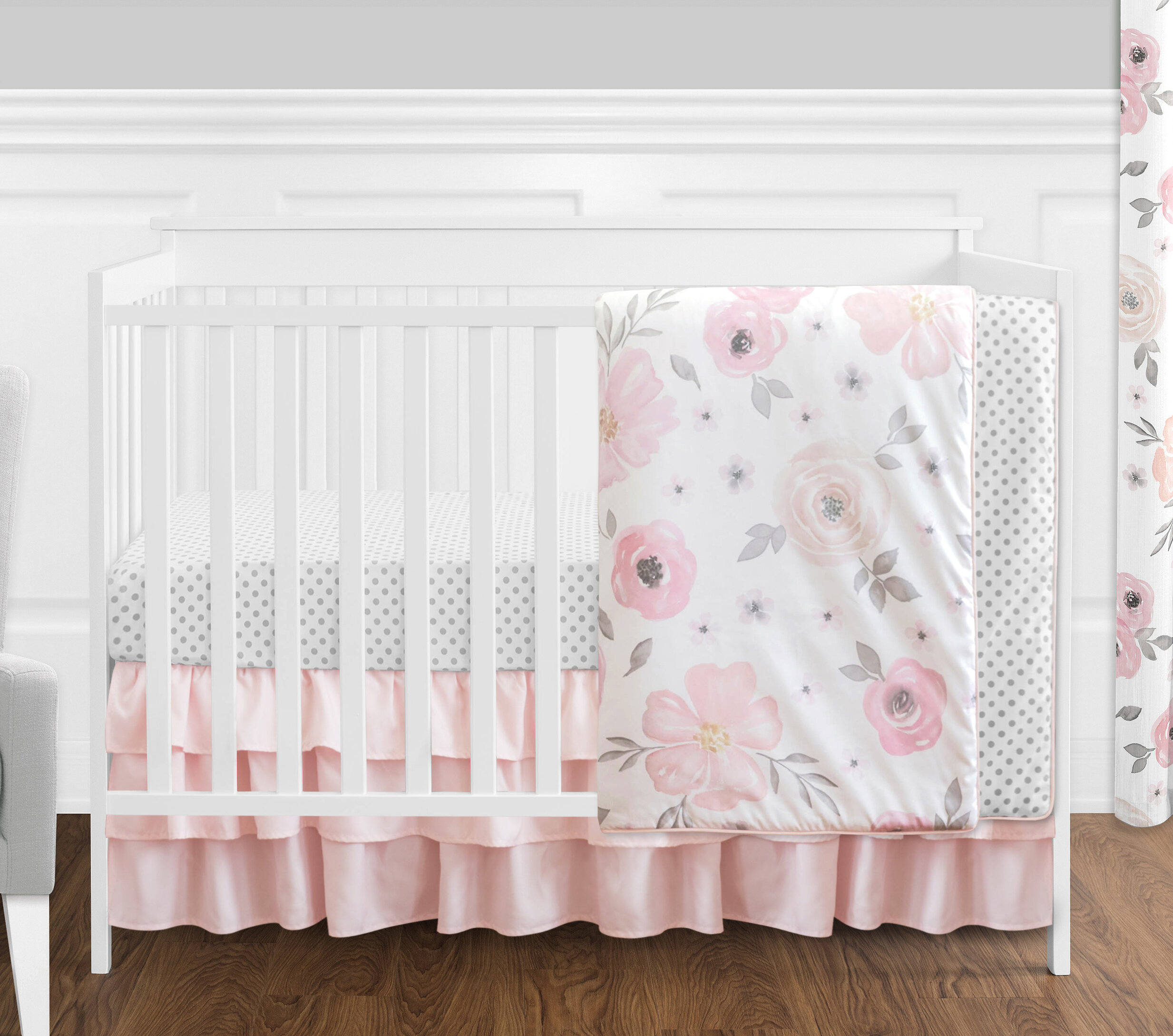 pink and grey floral crib bedding