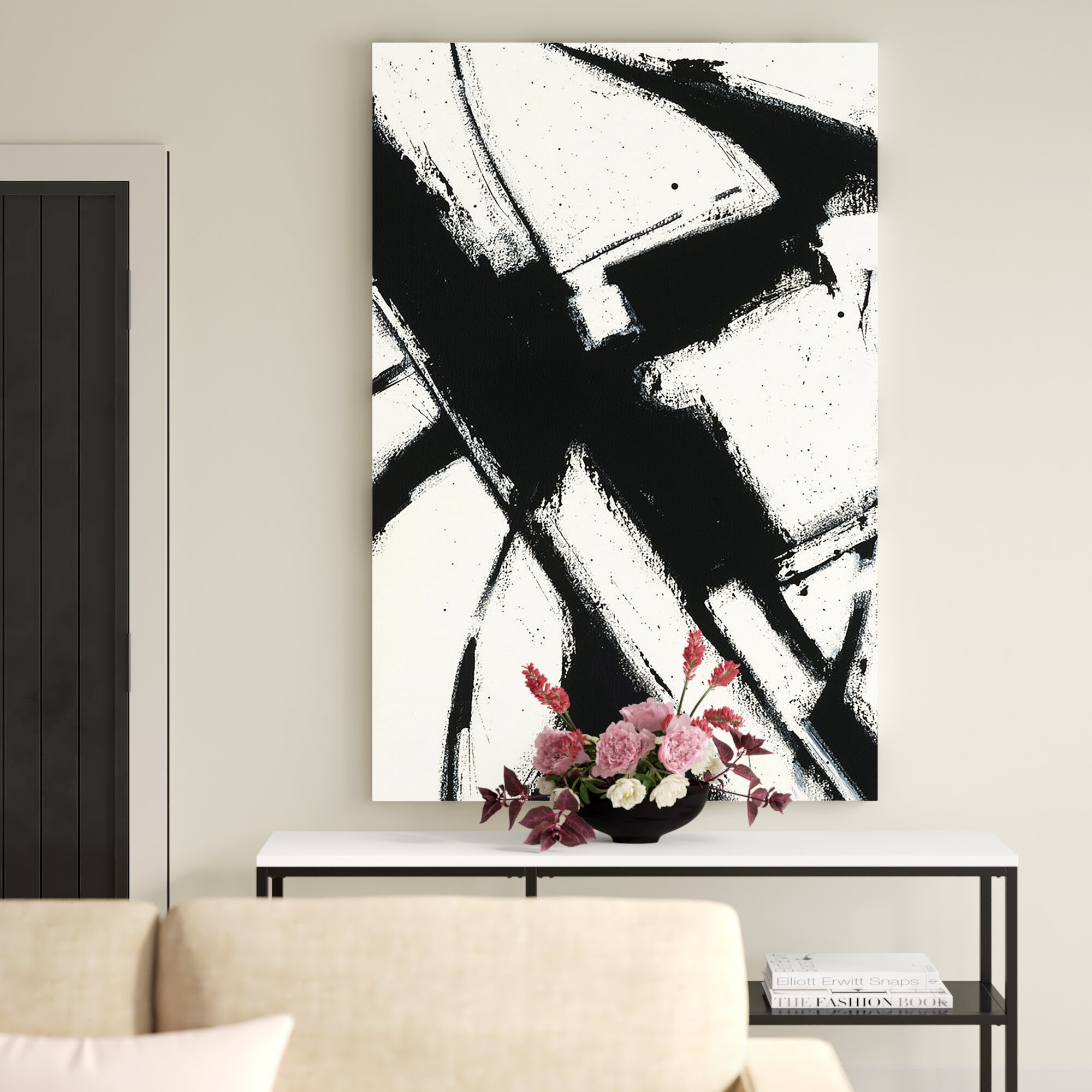 modern contemporary art black and white minimal artwork art on paper geometric abstract Red black abstract painting wooden framed art