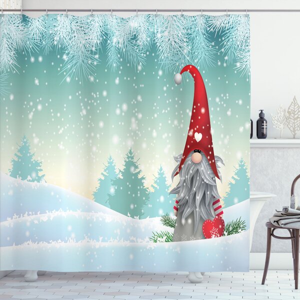 Christmas Elf In Red Hat Shower Curtain Bathroom Decor Fabric & 12hooks 71"
