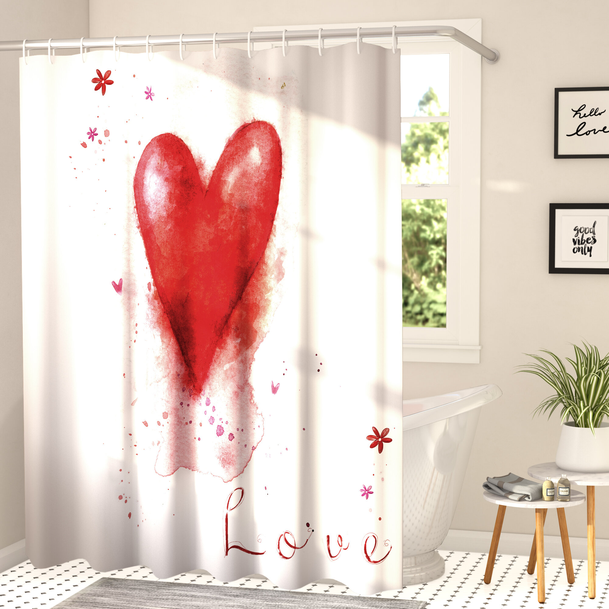 Ivy Bronx Junya Watercolor Effect Heart Shower Curtain Set Wayfair