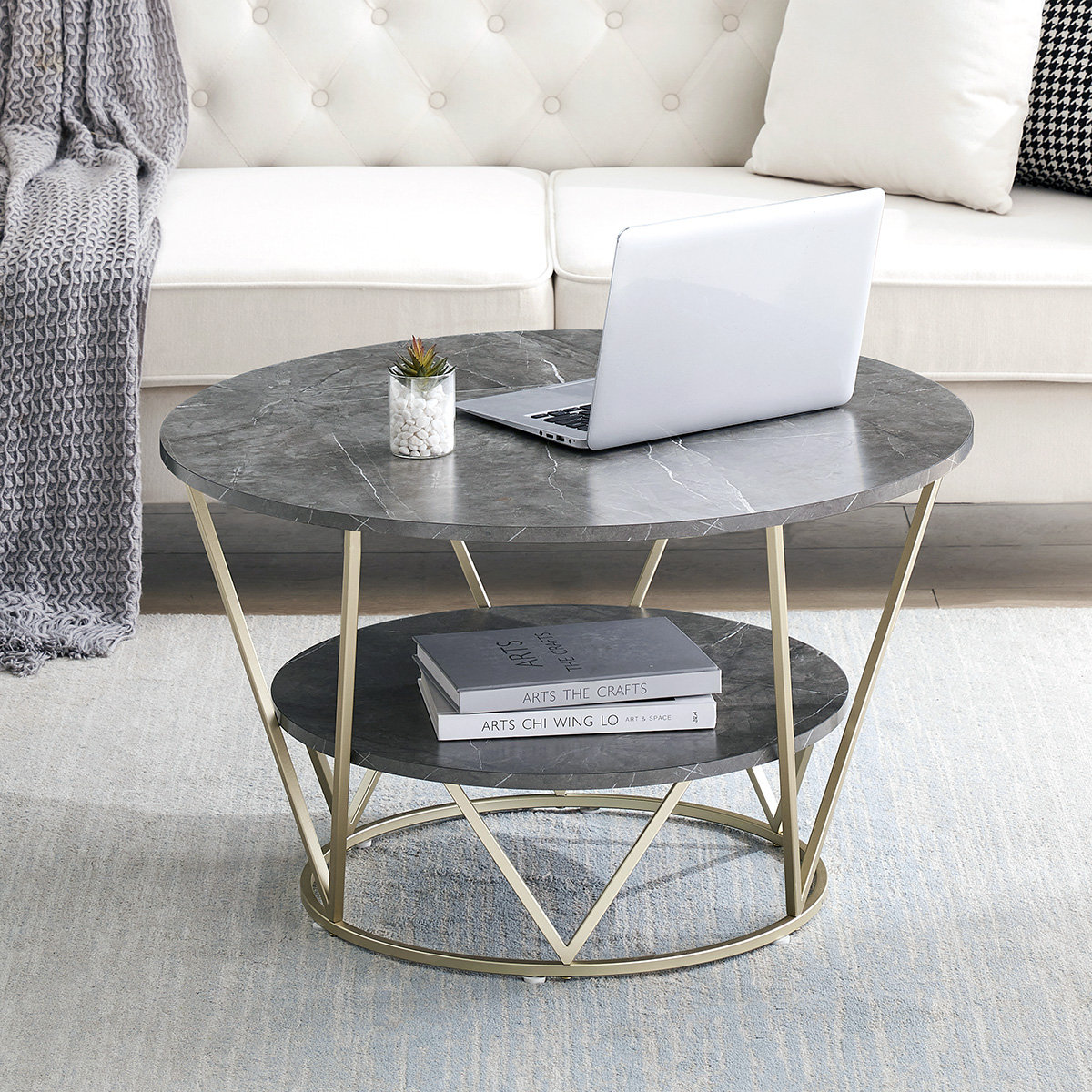 Everly Quinn Faux Marble Coffee Table With Open Storage Shelf, 2-Tier ...