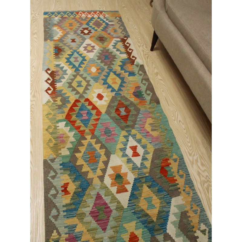 Foundry Select Runner Hults Southwestern Handmade Kilim Wool Green Blue Area Rug Wayfair