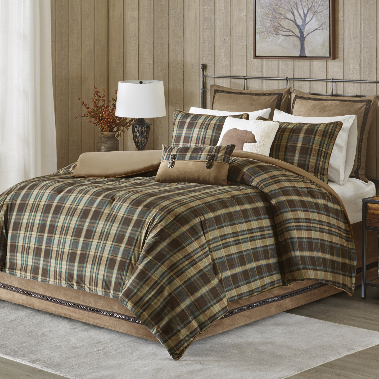 Traditional Blue & Khaki Plaid Quilted Coverlet AND Decorative Shams ALL SIZES 